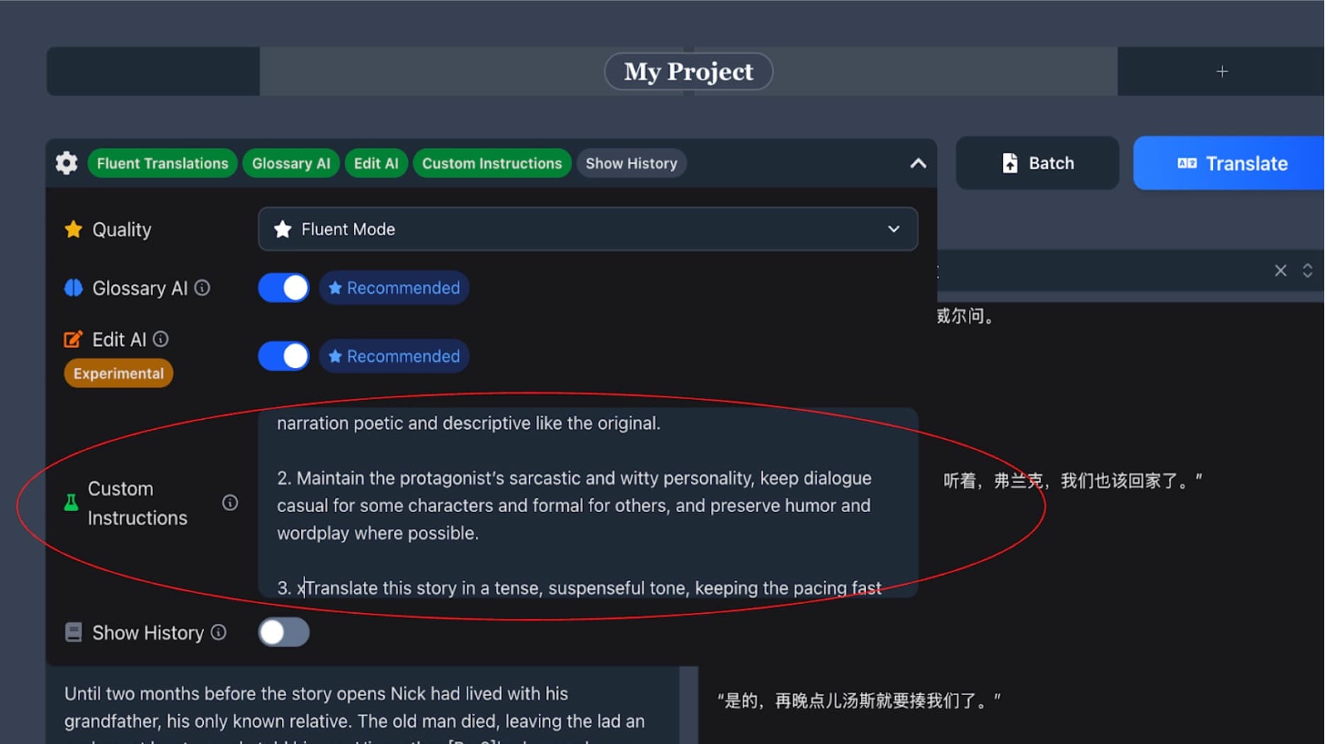 AI Novel Translation interface