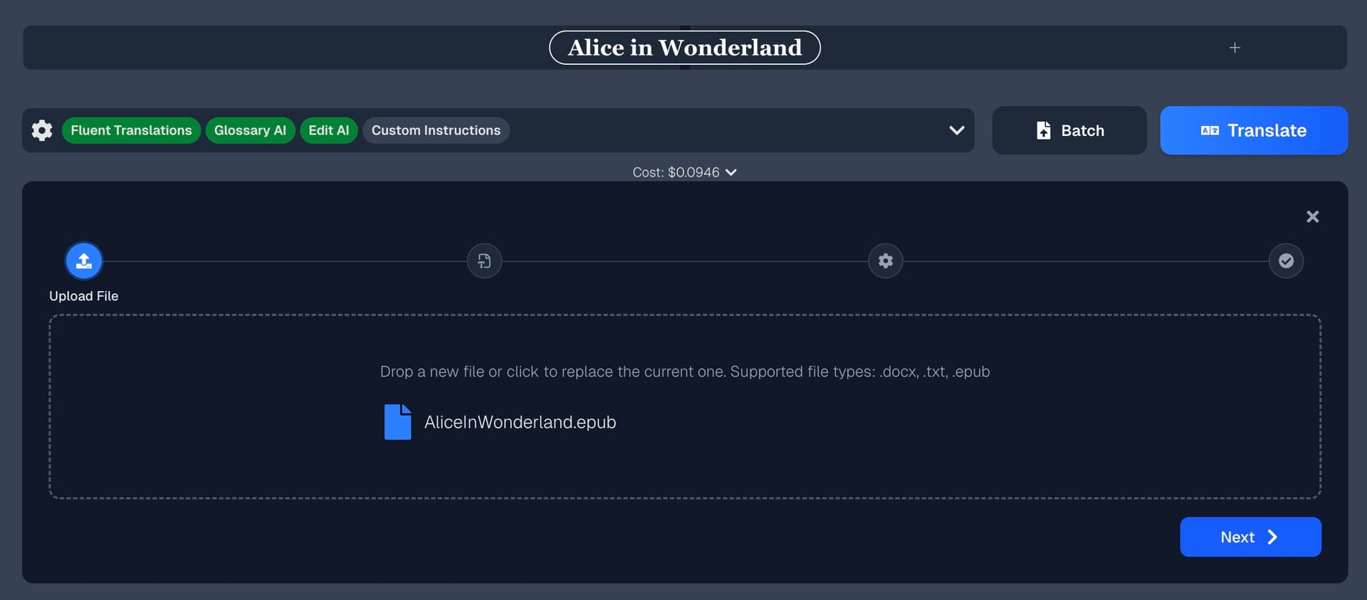 Batch upload step with file drag-and-drop area