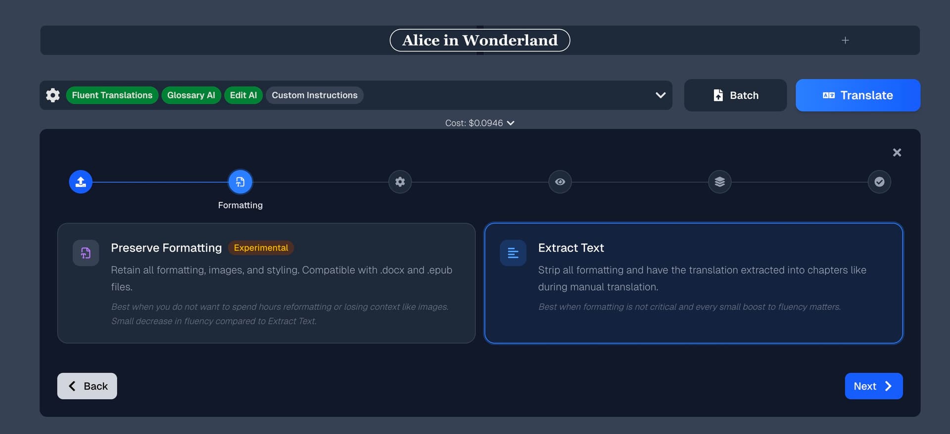 Processing mode selection — Preserve Formatting vs Extract Text