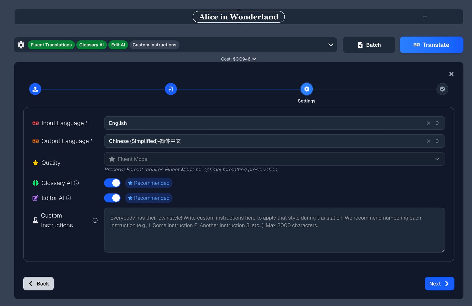 Batch translation settings — languages, quality, AI features, and custom instructions