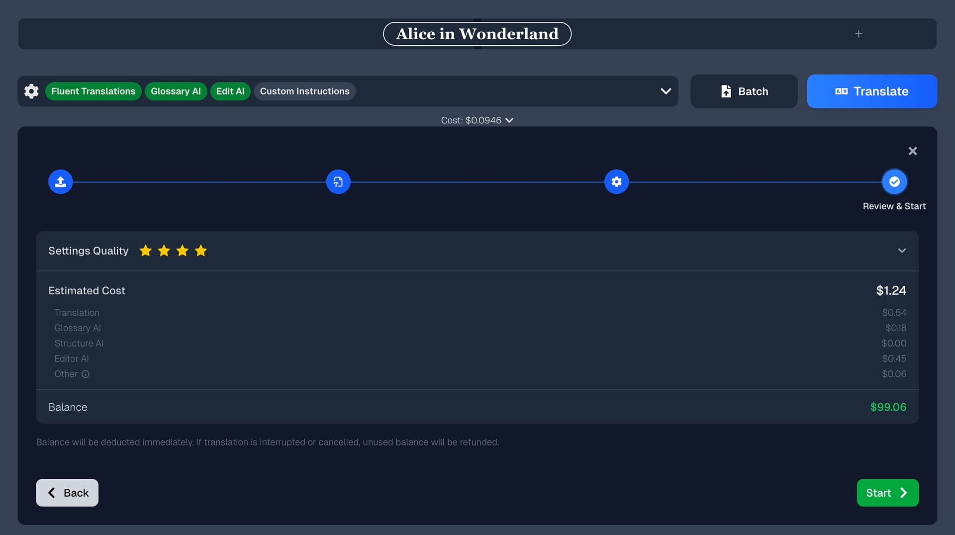 Review step showing cost breakdown and account balance