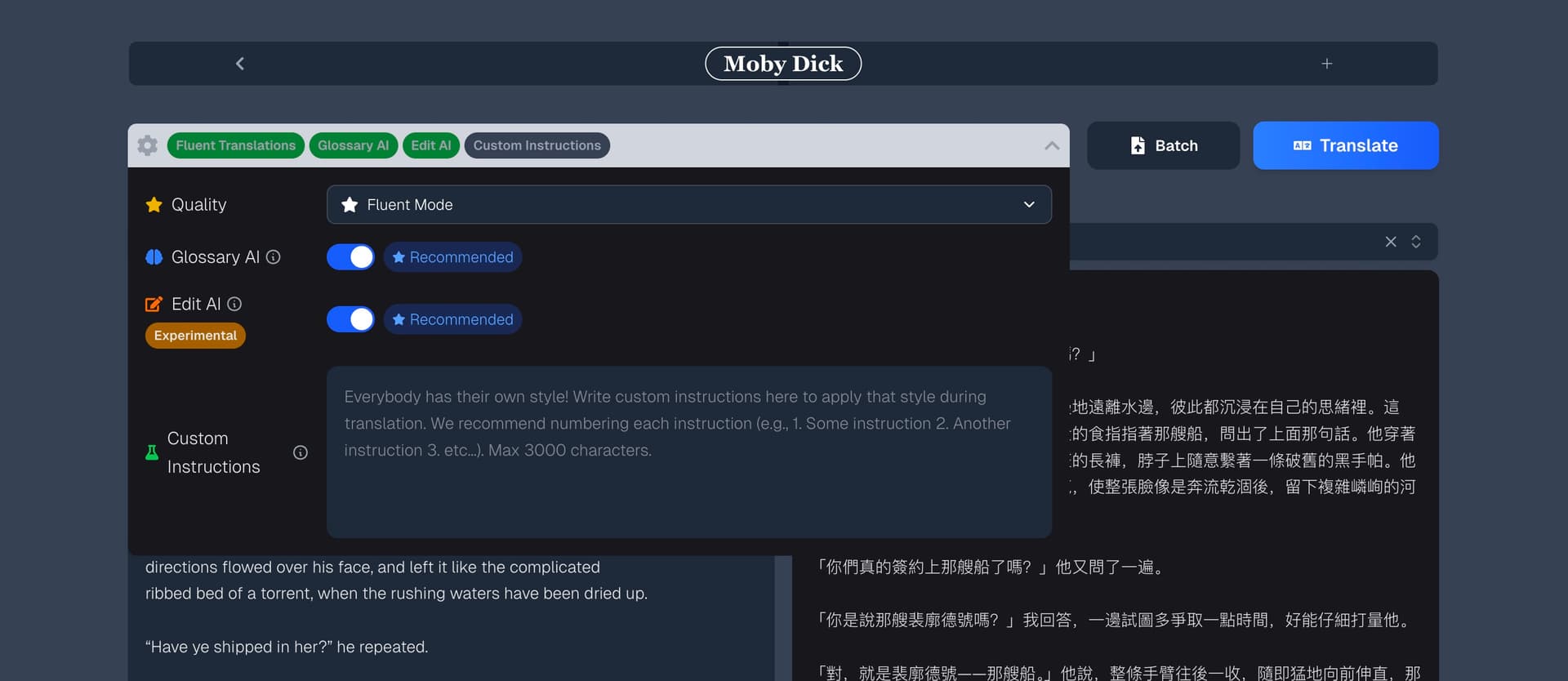 Translation settings panel with quality mode, AI features, and custom instructions