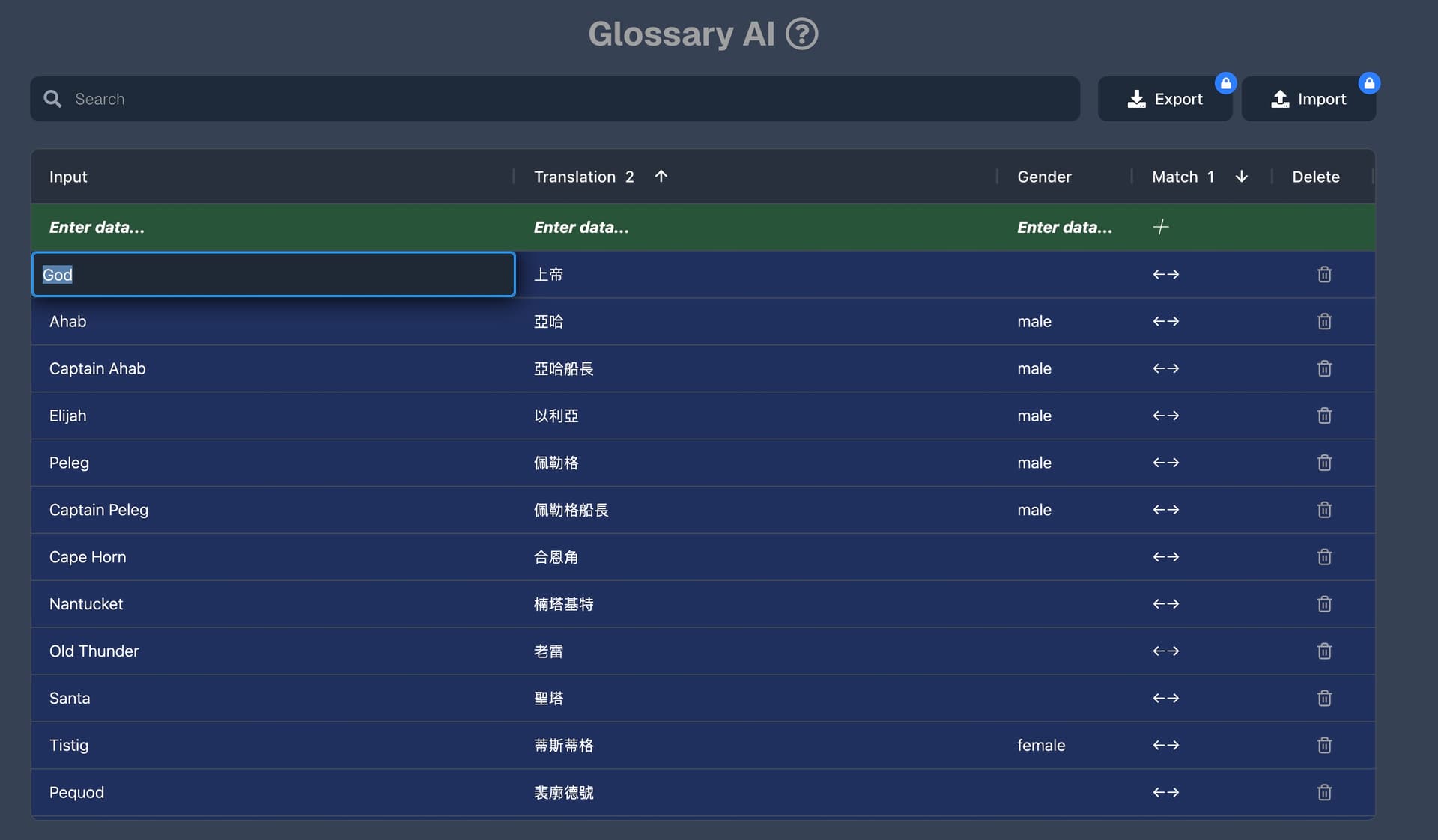 Glossary table with terms, search filter, and input row