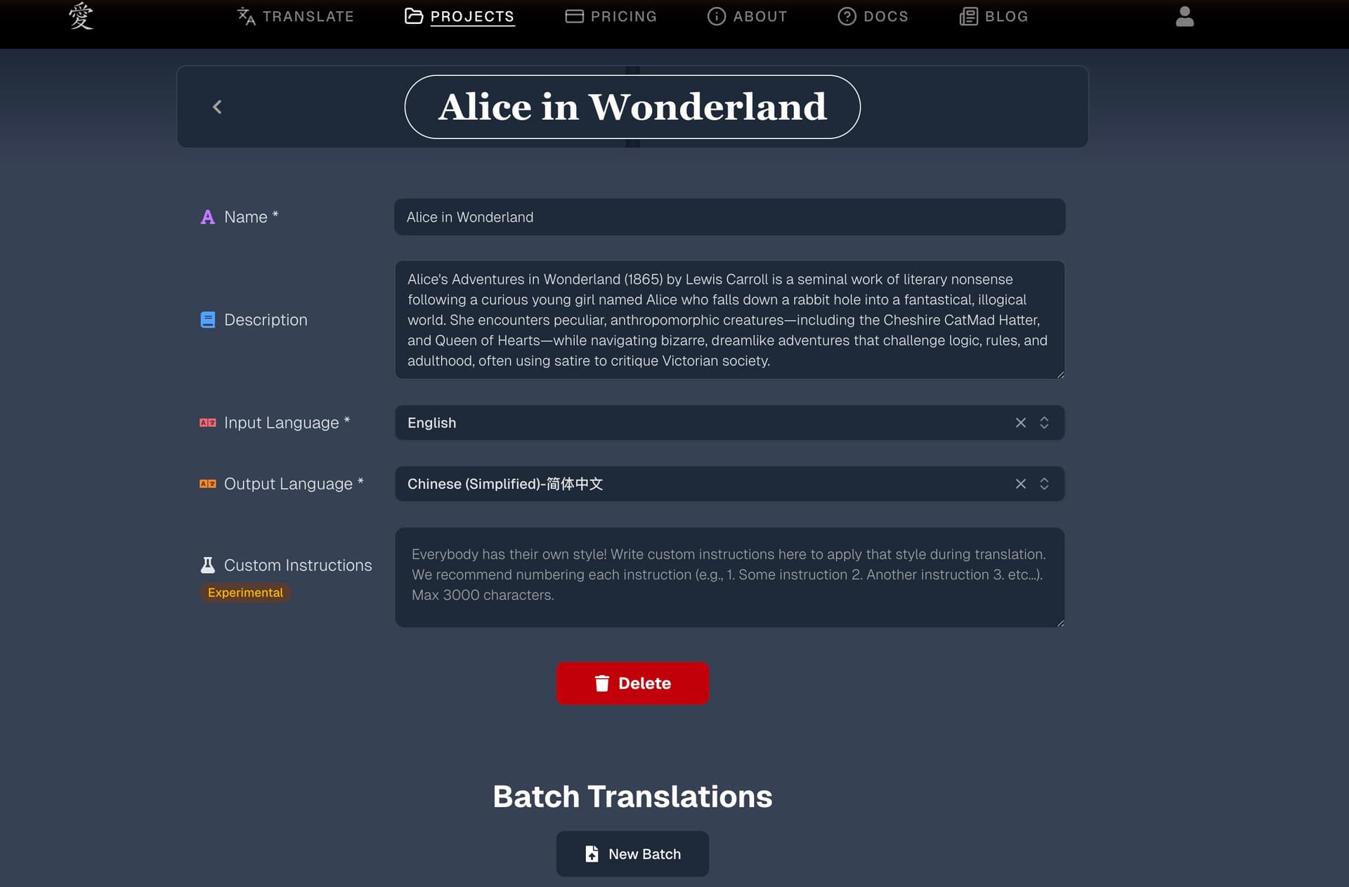 Project page showing the Batch Translations section